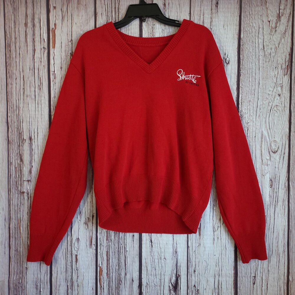 Shuttle United Vintage 90s Airline Sweater Mens Medium V-Neck Red Cotton Knit